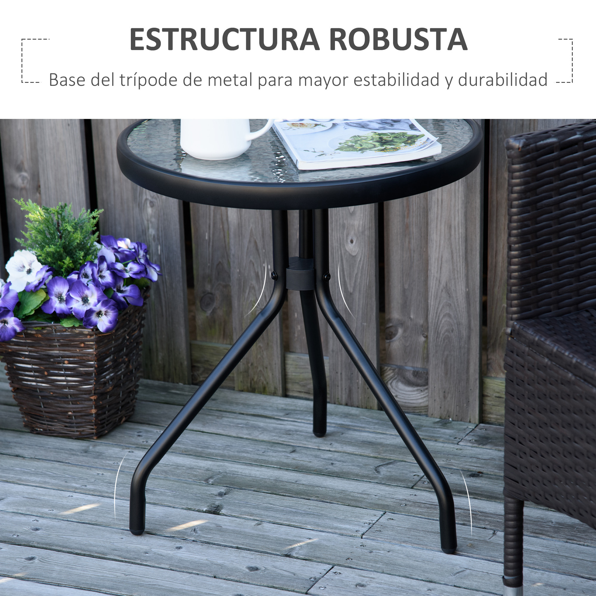 Mesa de Jardín Redonda con Tablero de Cristal para Patio Terraza Ø50x55 cm Negro