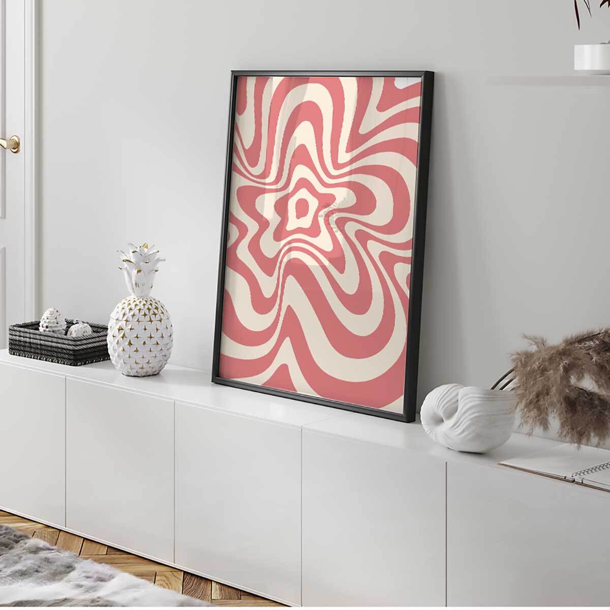 Affiche encadrée motif abstrait ondulé rose Affiche + cadre en métal - Noir