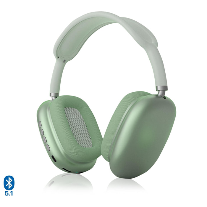 DAM Cuffie Bluetooth wireless P9, ergonomiche. 18,5x8x20,5cm. Colore verde