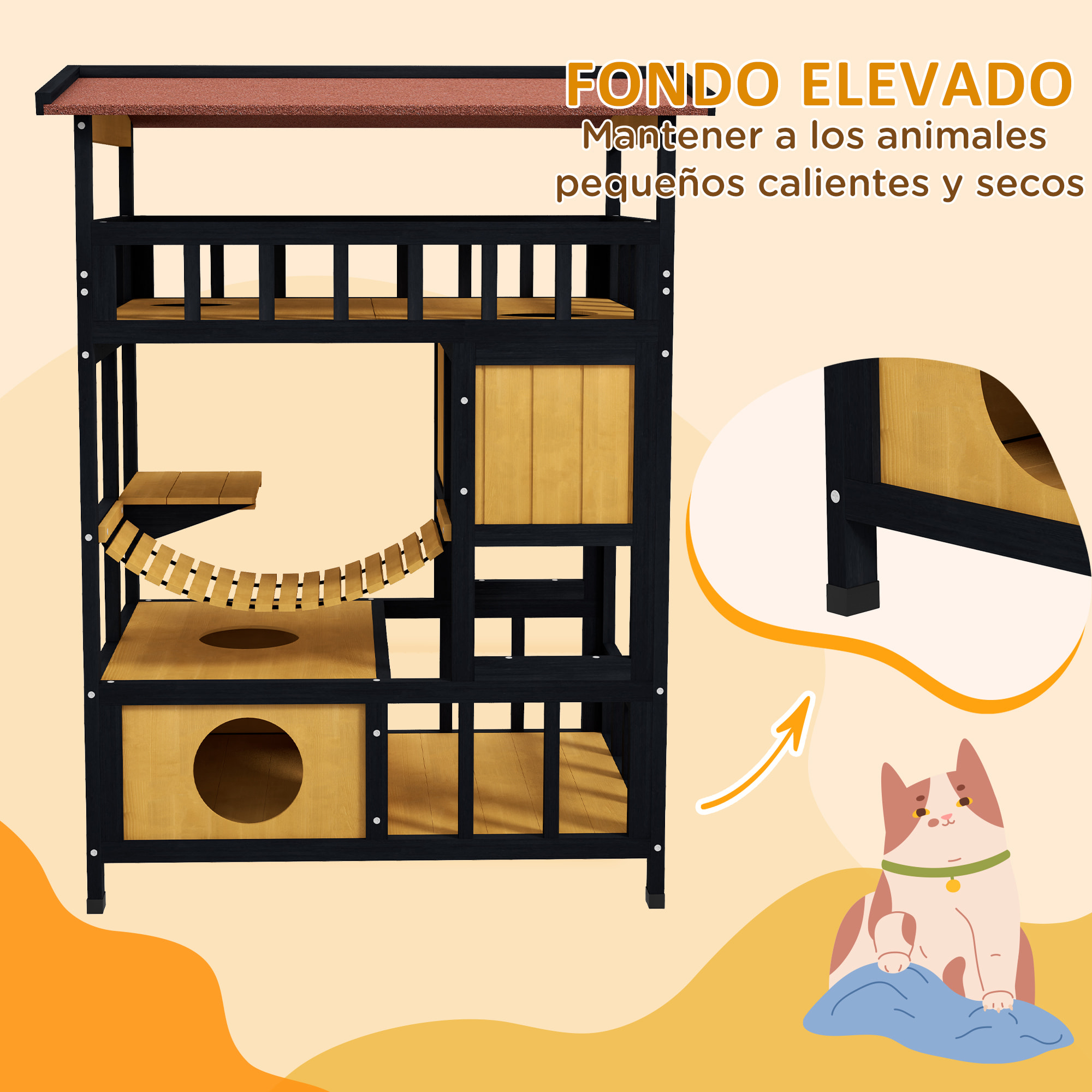 PawHut Caseta para Gatos de Madera 84x60x116 cm Casa para Gatos de 4 Niveles Refugio para Gatos con Puente Colgante Balcón y Techo Asfáltico Natural