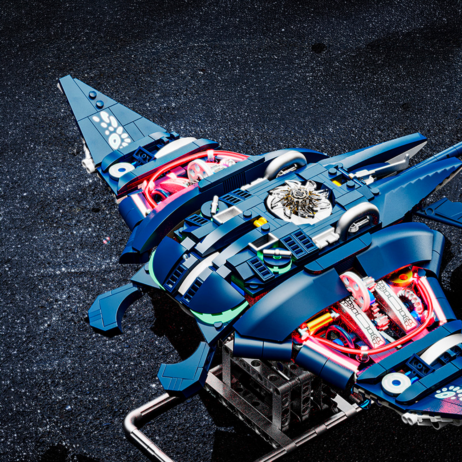 Maqueta 3D mecanizada de manta raya con 966 piezas, equipada con luces y mecanismo de manivela que permite movimiento dinámico.