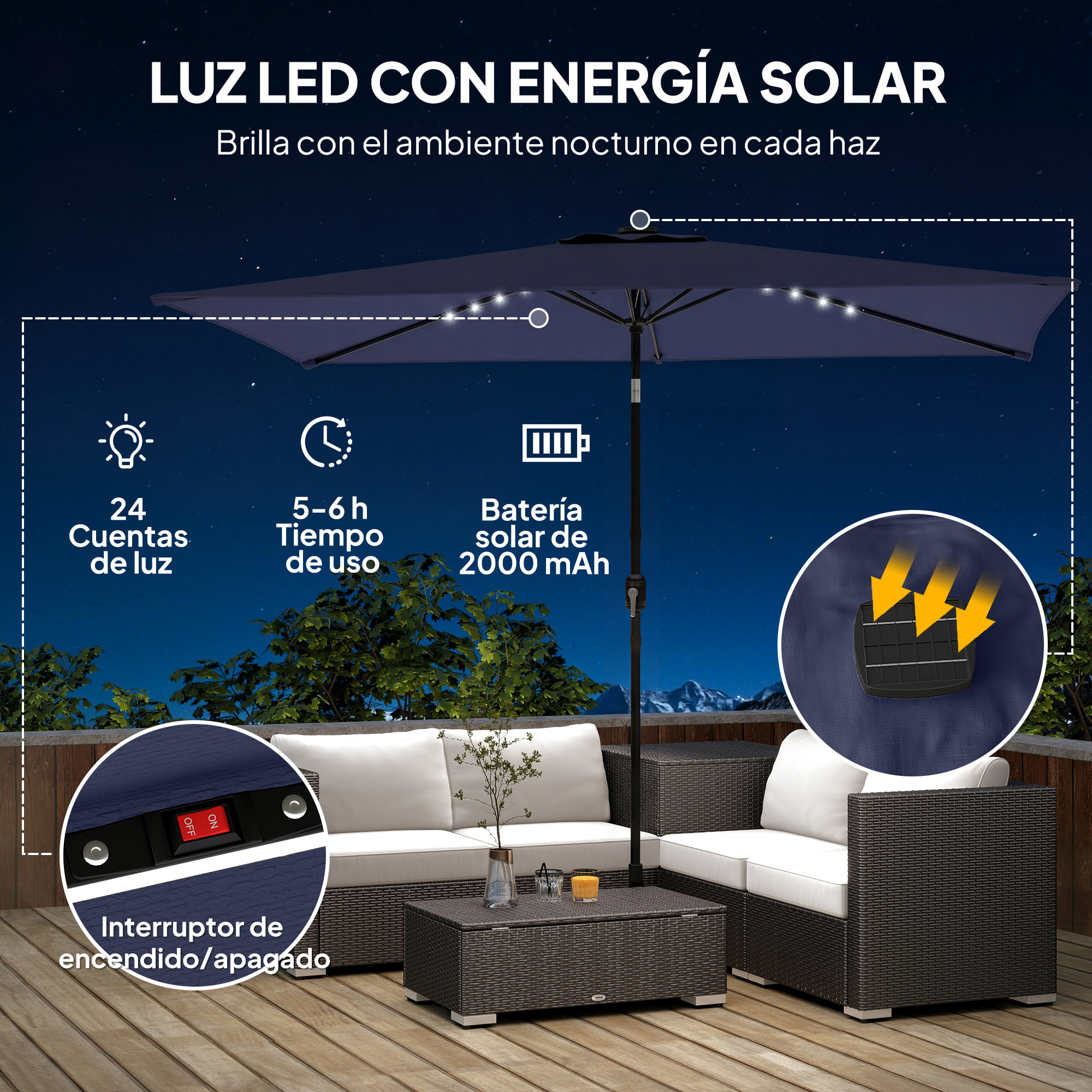 Sombrilla Terraza Exterior, 2,9x2,5 m, Sombrilla de Jardín con 24 Luces LED Solares, Dosel Inclinable, Poste Metálico, Parasol para Patio, Terraza, Azul Oscuro