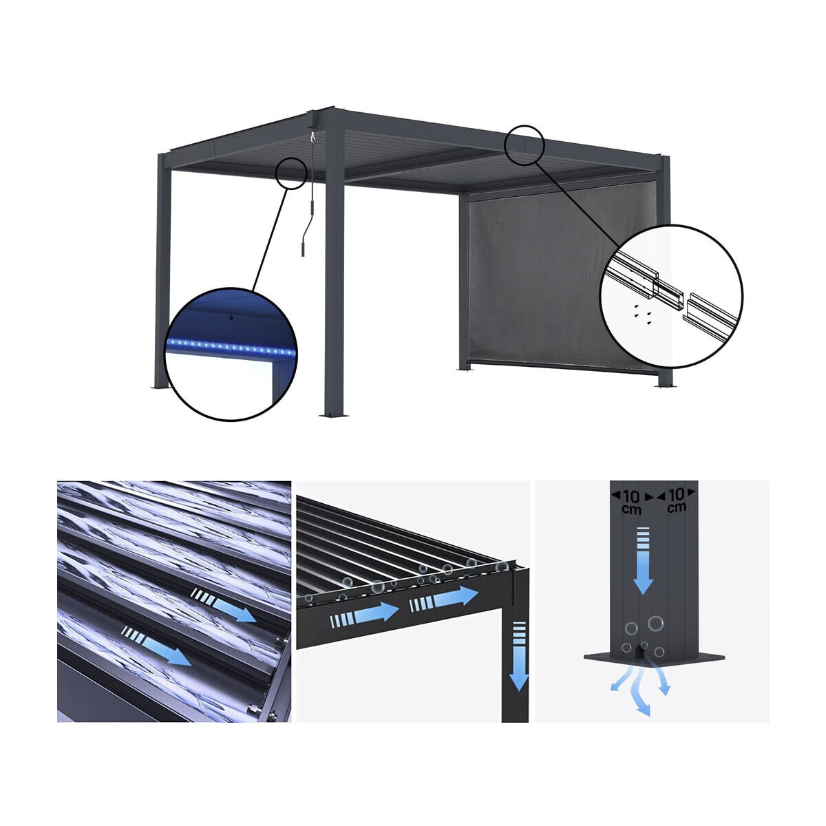 Pergola bioclimatique avec led et store en aluminium "Windsor premium" - 3 x 4 m - Gris