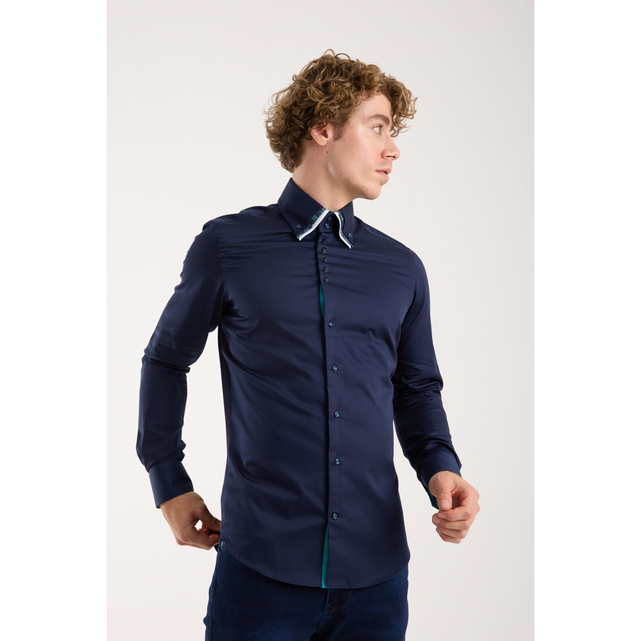 Camicia Uomo 2 Bottoni Button Down Triplo Collo Slim Satin Unito Blu