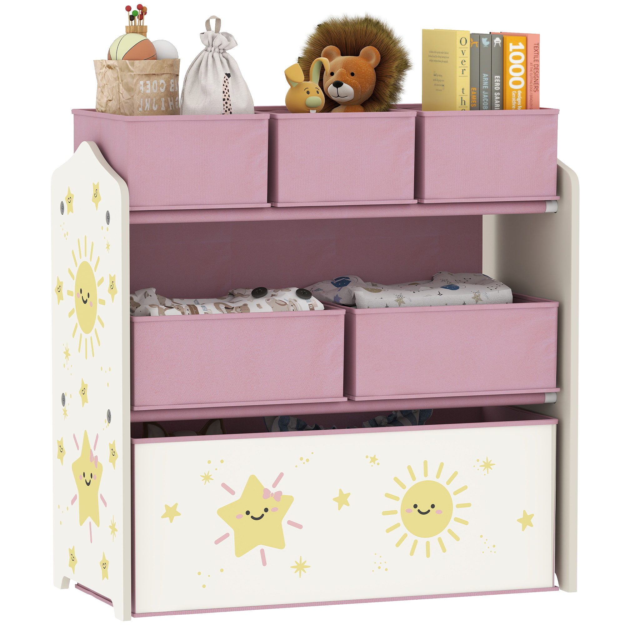 Étagère de rangement enfant design étoile soleil - 6 tiroirs en tissu - MDF - rose