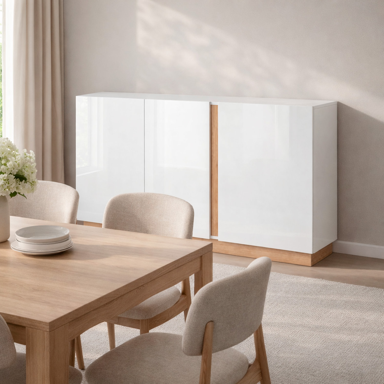 Credenza Soggiorno 3 Ante Madia Moderna Con Ripiani Interni Mobile Contenitore Design Elegante Oldenburg 138 x 40 x 90.5 Cm Bianco Lucido e Rovere