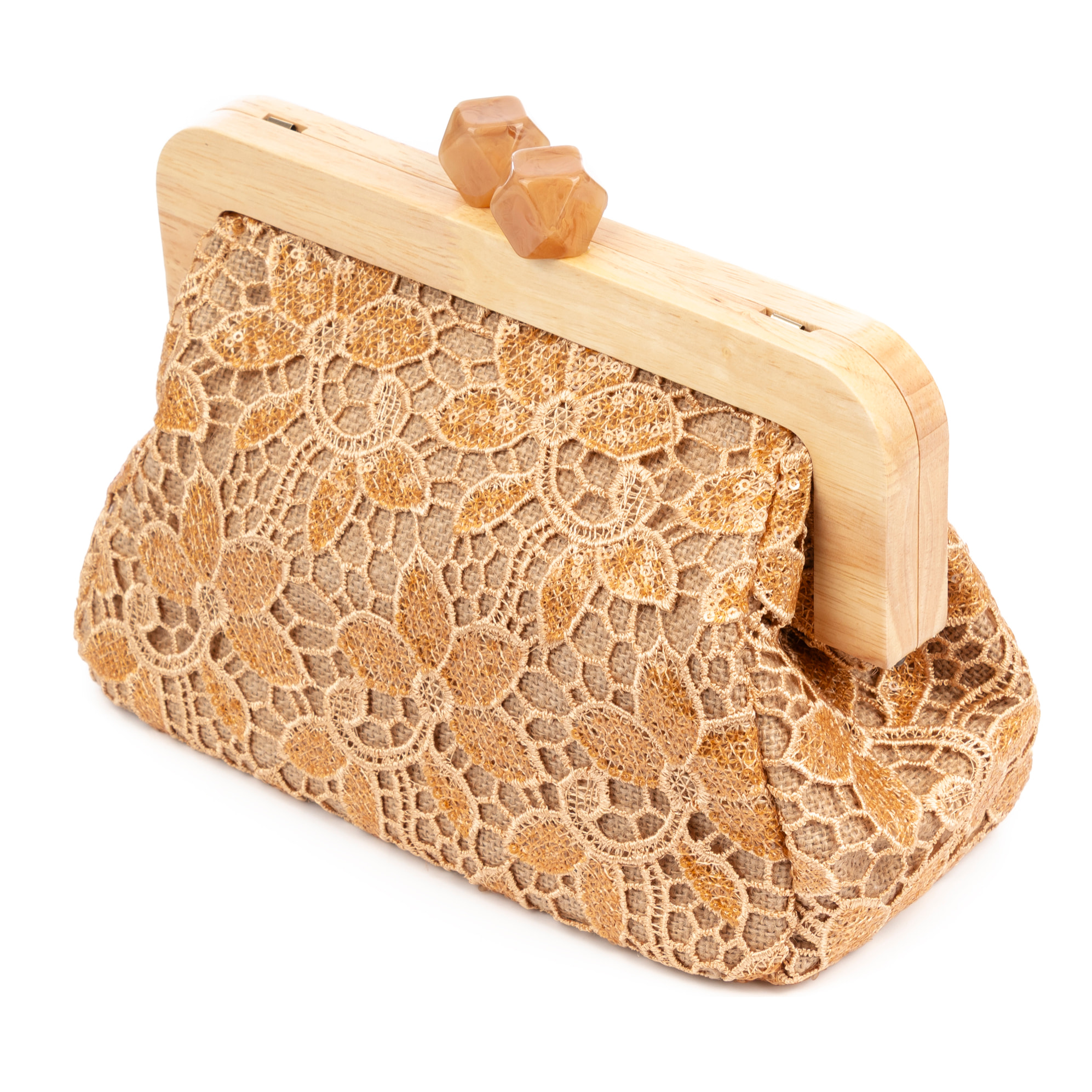 Borbera Borsa a tracolla Donna. Realizzata in legno naturale, cotone e juta con design a rete di tessuto floreale.