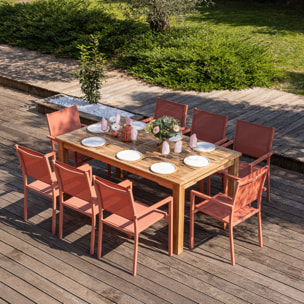Salon de jardin en teck JAVA avec chaises en aluminium terracotta - 8 places