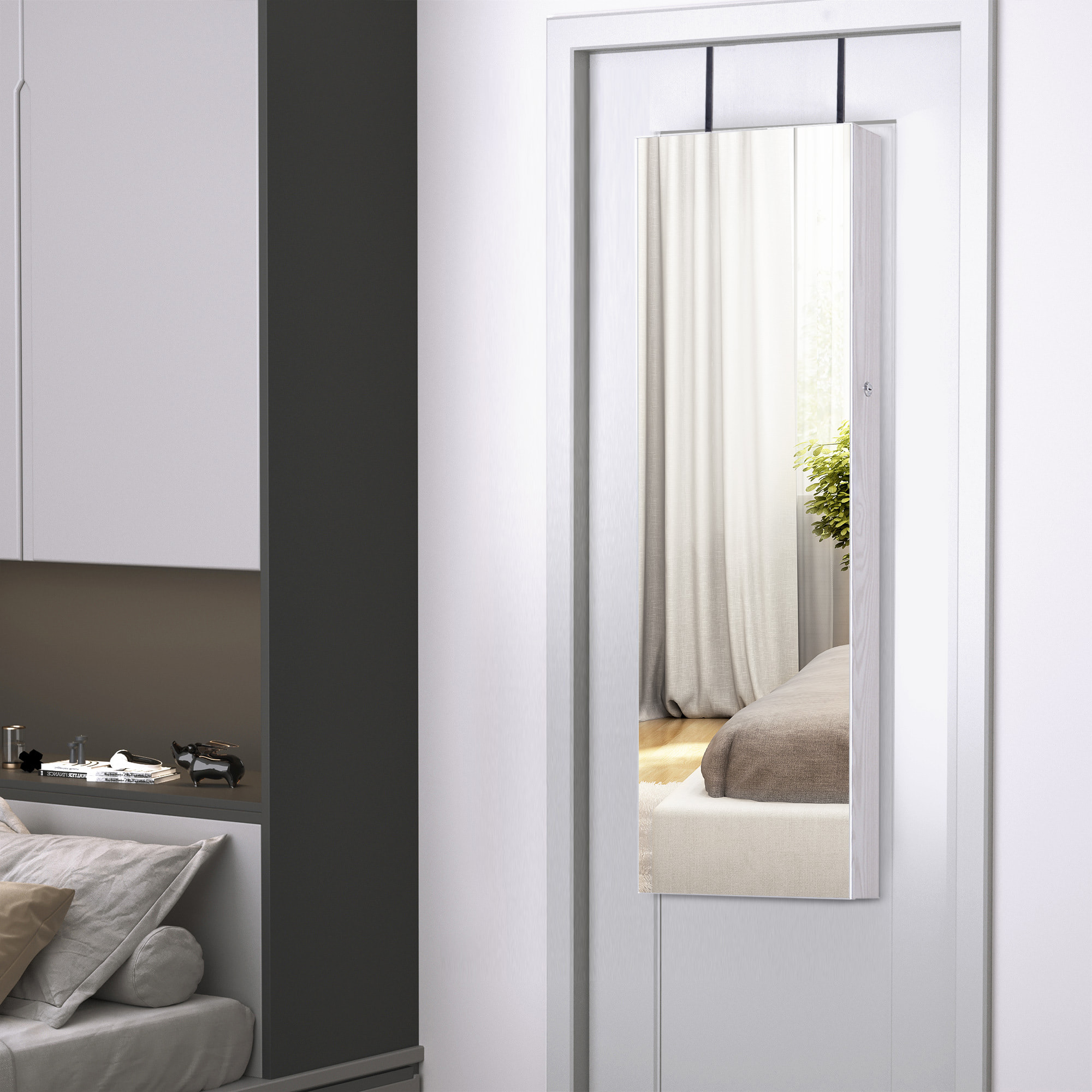 Armoire à bijoux miroir à suspendre 2 en 1 - éclairage LED intérieur, verrouillable, multi-rangement - blanc