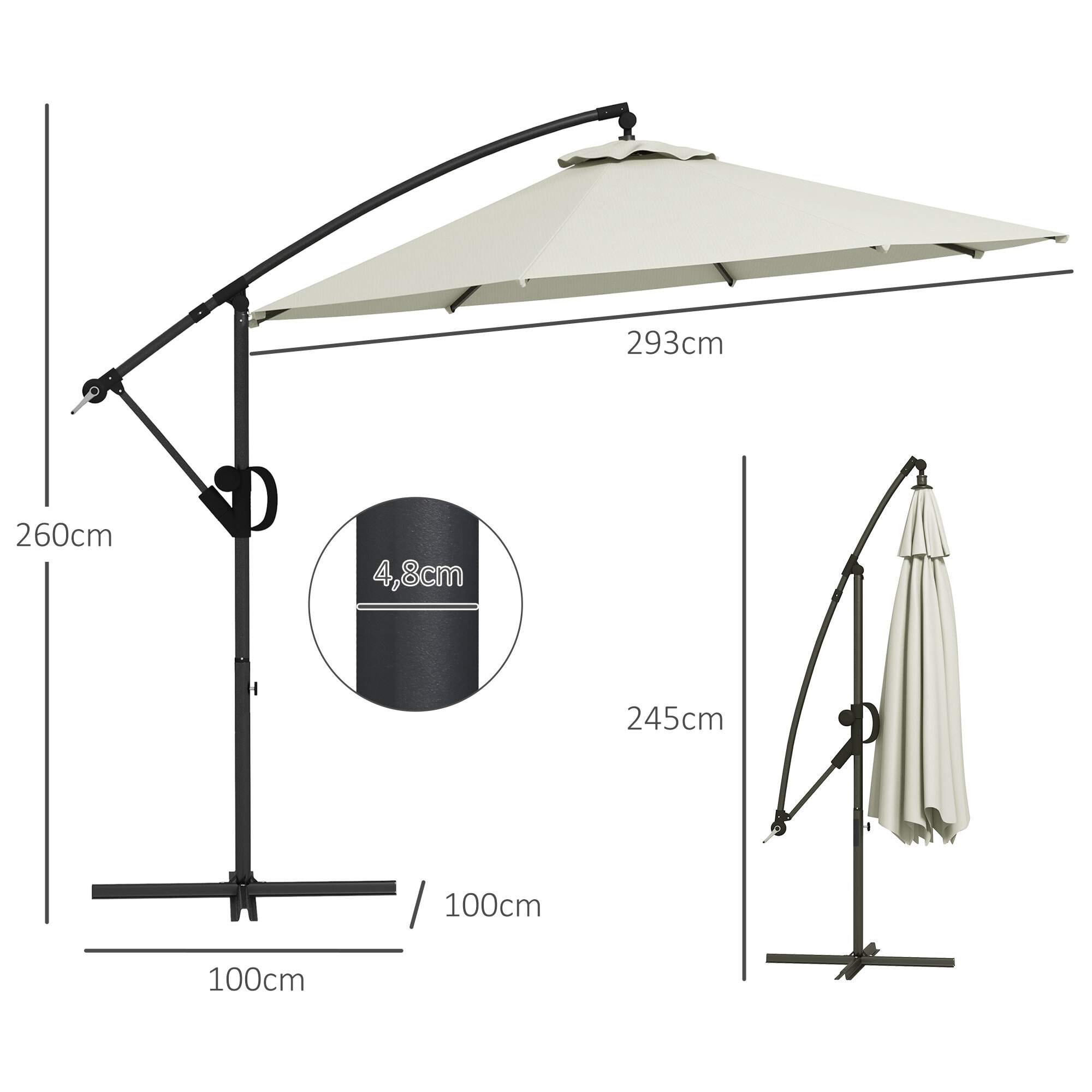 Parasol déporté octogonal inclinable Ø 2,93 x 2,60 m avec pied métal époxy alu crème