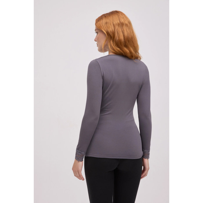 Maglietta termica con scollo a V e dettagli in pizzo grigio