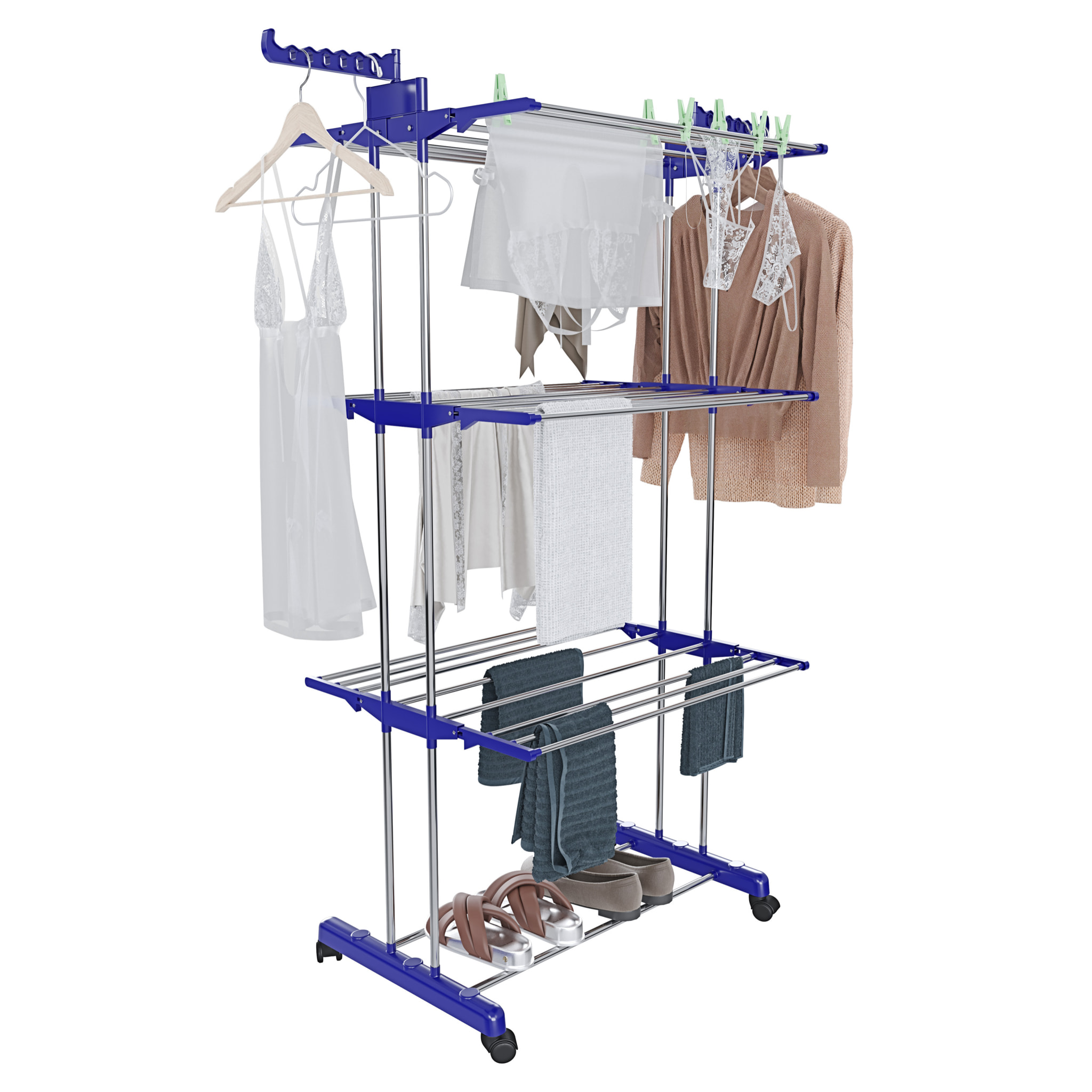 Stendibiancheria A Rotelle Stendino A Torre Verticale In Acciaio E ABS 4 Piani Pieghevole Salvaspazio Con Ali Richiudibile Biancheria Interno Blu