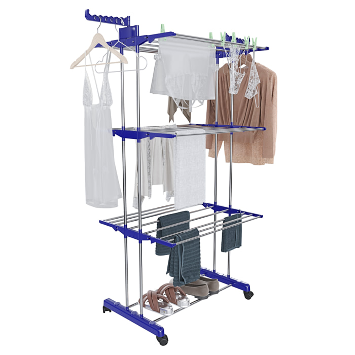 Stendibiancheria A Rotelle Stendino A Torre Verticale In Acciaio E ABS 4 Piani Pieghevole Salvaspazio Con Ali Richiudibile Biancheria Interno Blu