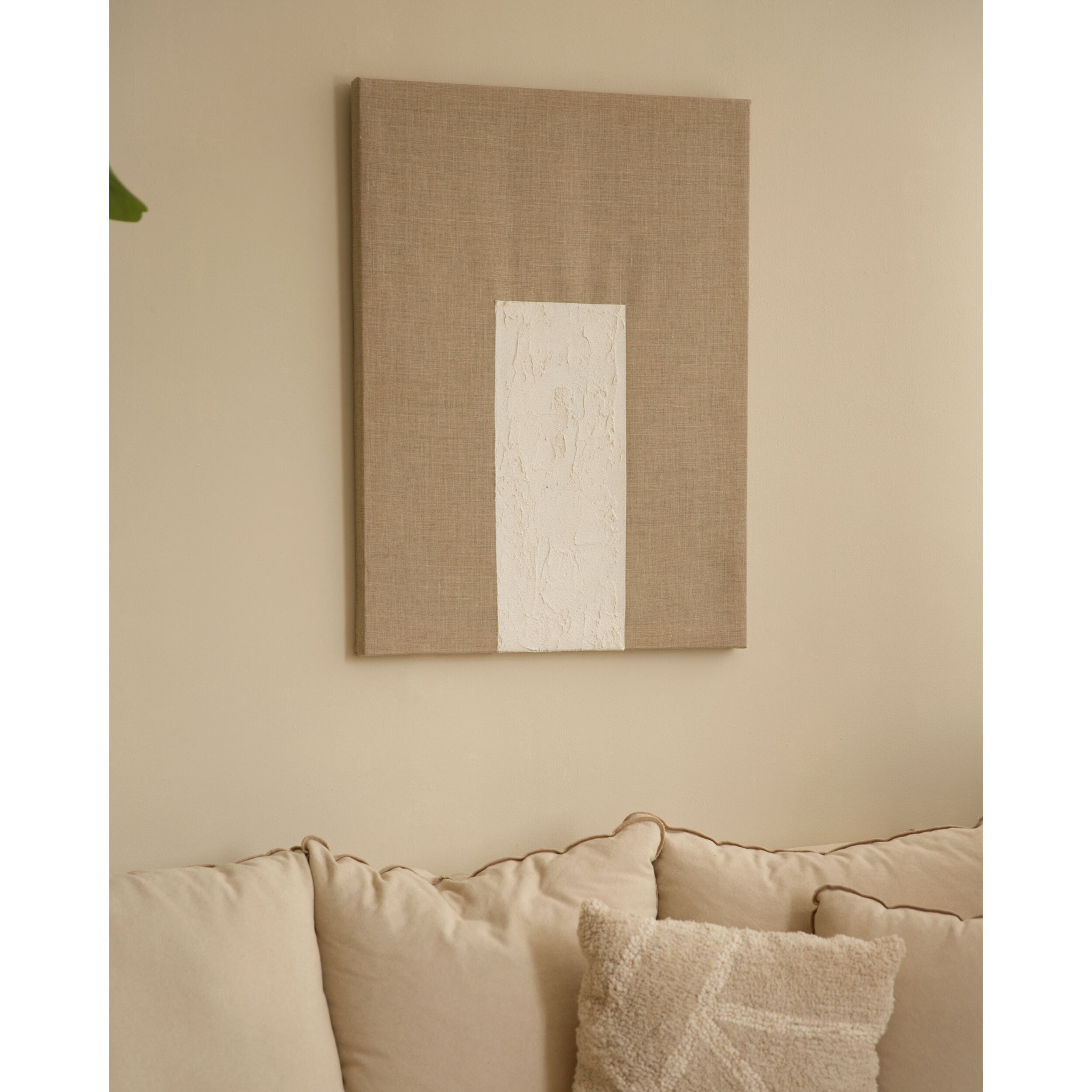 Tableau beige et blanc décoratif sur lin avec cadre en bois peint à la main à la peinture à l'huile en différentes tailles