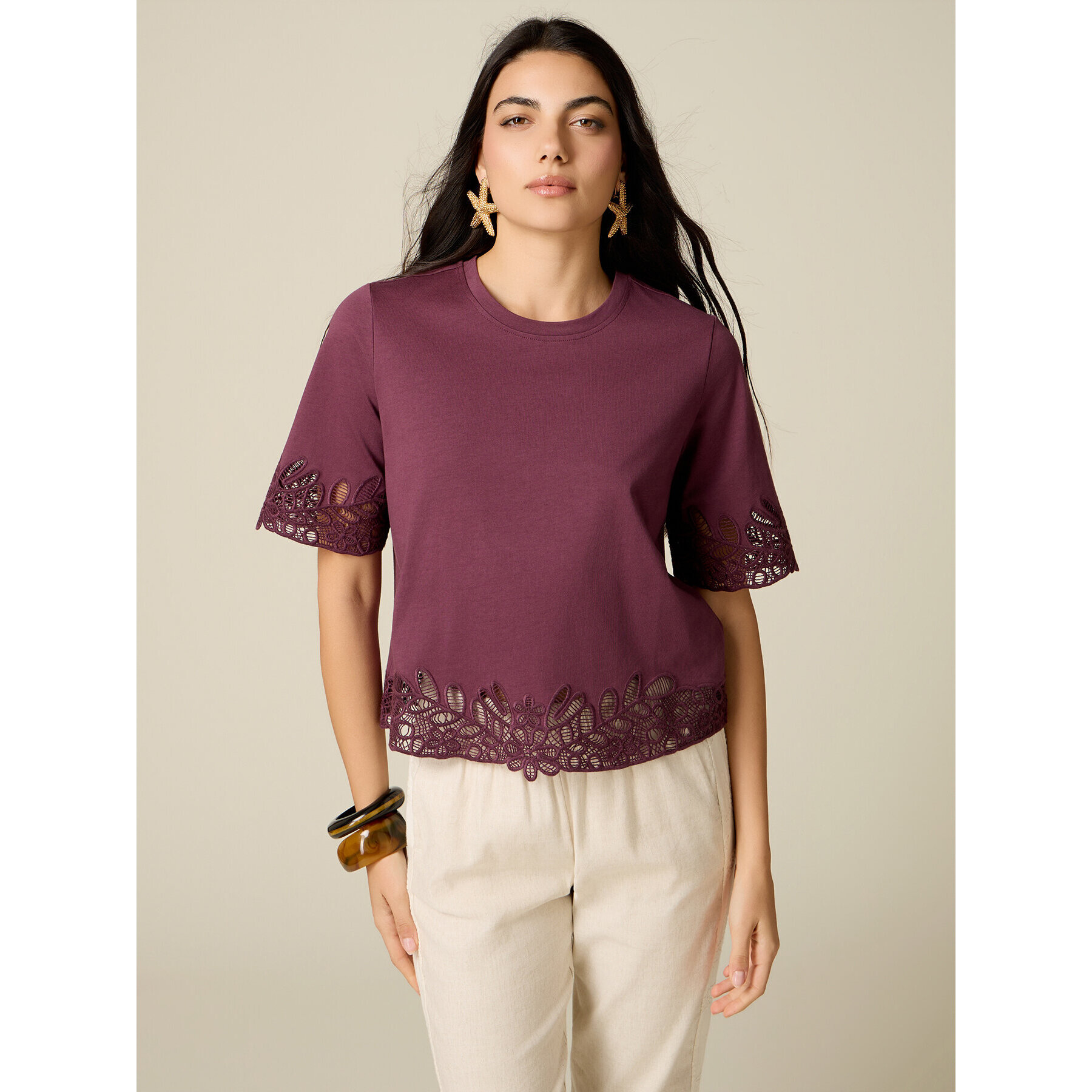 Oltre - Camiseta de algodón con detalles en macramé - Violeta