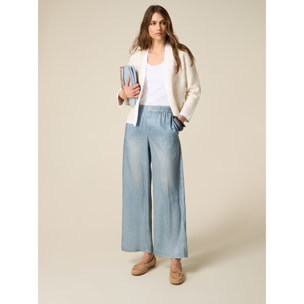 Oltre - Pantaloni palazzo in raso effetto denim - Azzurro