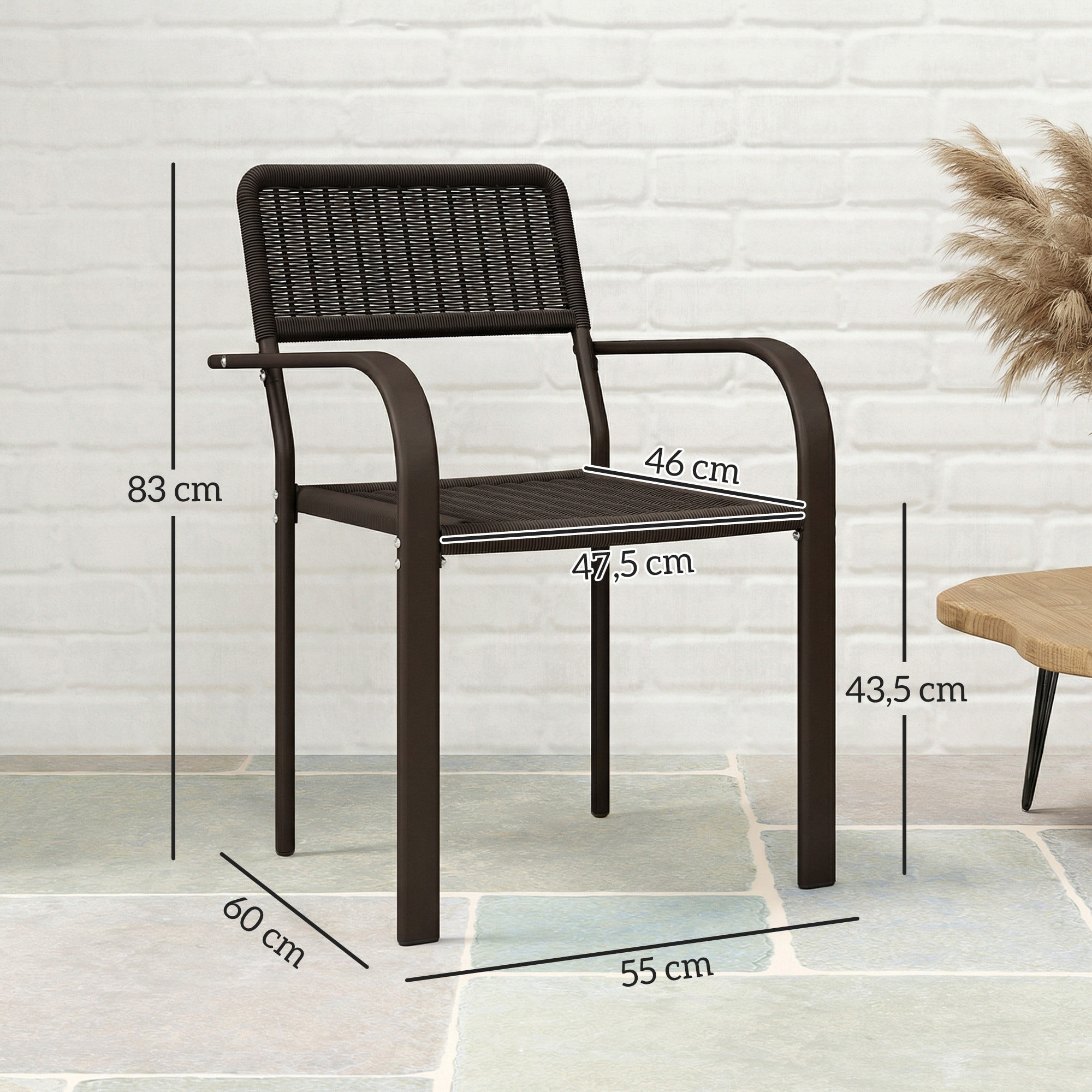 Juego de 4 Sillas de Jardín Exterior Apilables, Sillas de Comedor Exterior Efecto Ratán, con Reposabrazos, Marco de Acero, Resistente a la Intemperie y Ligero, 55x60x83 cm, Marrón Oscuro