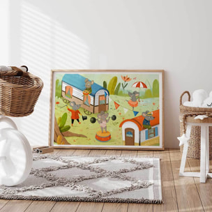 Affiche enfant roulottes de cirque  Affiche + cadre en bois - Chêne