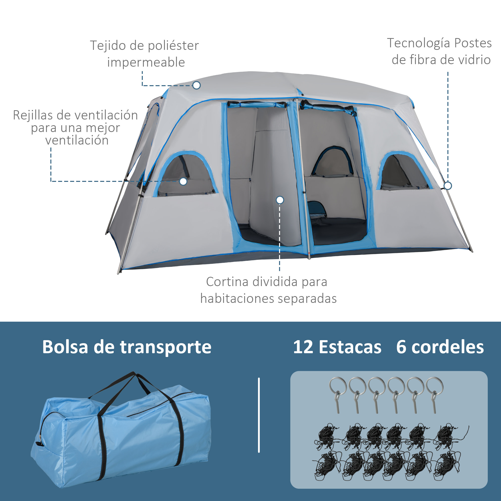 Tienda de Campaña Familiar para 4-8 Personas con 2 Dormitorios Tienda de Camping Grande con 2 Bolsillos y Ventanas con Malla Impermeable 400x275x210 cm Gris y Azul Claro