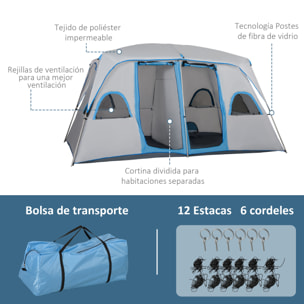 Tienda de Campaña Familiar para 4-8 Personas con 2 Dormitorios Tienda de Camping Grande con 2 Bolsillos y Ventanas con Malla Impermeable 400x275x210 cm Gris y Azul Claro