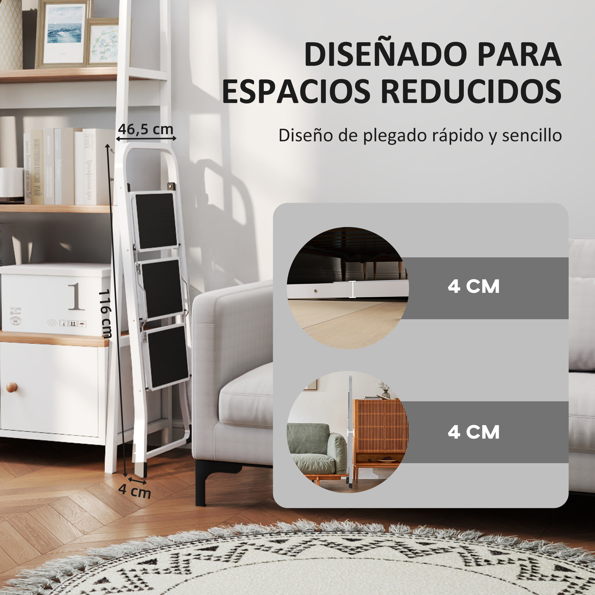 Escalera Plegable de 3 Peldaños Escalera de Tijera Carga hasta 150 kg con Pedal Antideslizante Fácil de Guardar y Transportar para Hogar Cocina Oficina Blanco