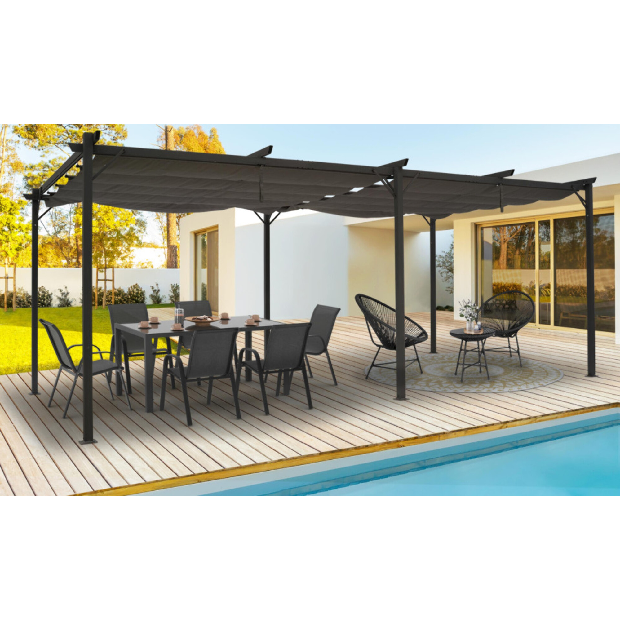 Pergola Marina en acier avec toit rétractable et 6 stores gris 3x6m