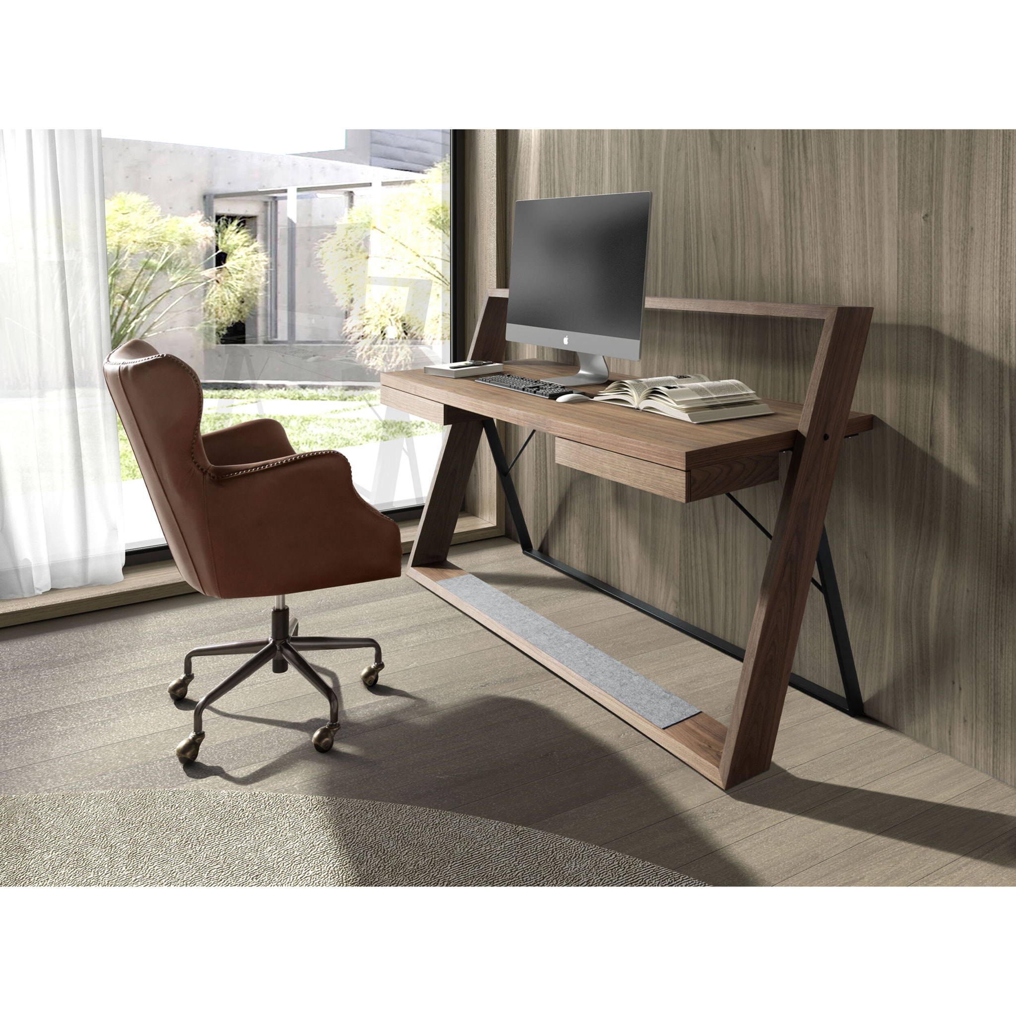Sillón giratorio con asiento y respaldo tapizado en piel de origen vacuno en marrón oscuro patas en acero inoxidable oscurecido 64x74x90cm