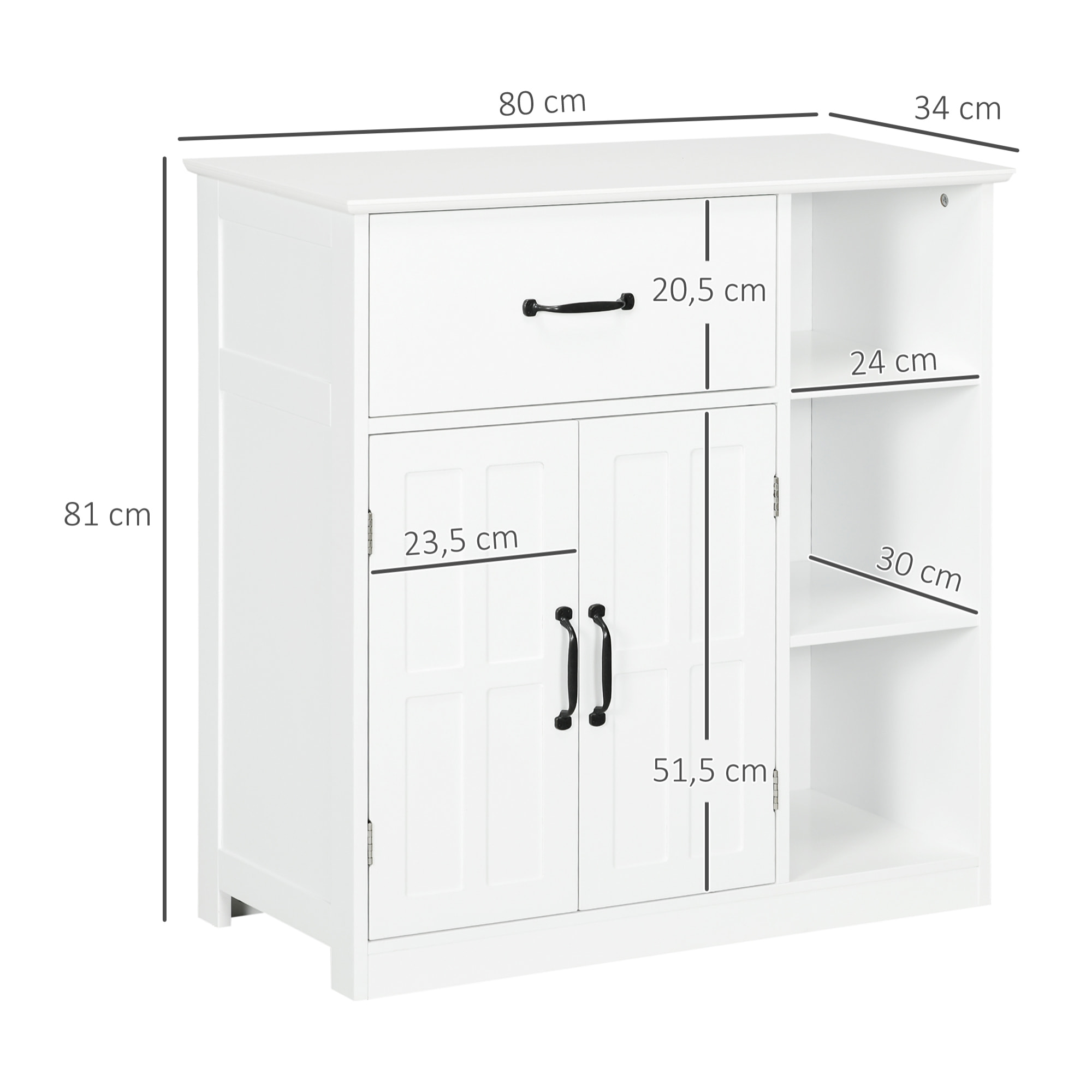 Meuble salle de bain - meuble bas 2 portes étagère tiroir 3 niches - 80x34x81cm - blanc noir