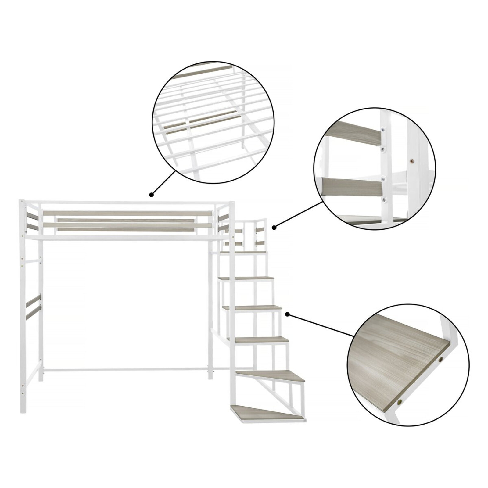 Lit mezzanine en métal avec escalier "LENA" - 140 x 190 cm - Blanc