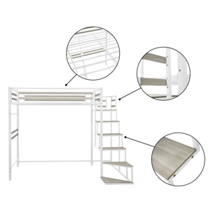 Lit mezzanine en métal avec escalier "LENA" - 140 x 190 cm - Blanc