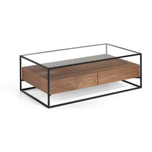 Mesa de centro LIVERPOOL - 2 cajones y 1 estante - transparente y negro - 120x70x46cm