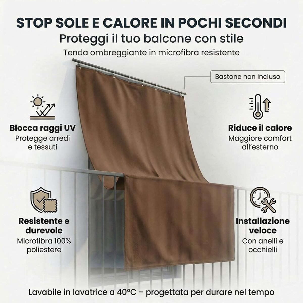 Tenda da sole a caduta impermeabile per esterno con occhielli, telo parasole resistente ai raggi UV e intemperie, protegge da luce e calore, aumenta privacy su balcone e terrazzo, facile da installare, tessuto in poliestere durevole e lavabile