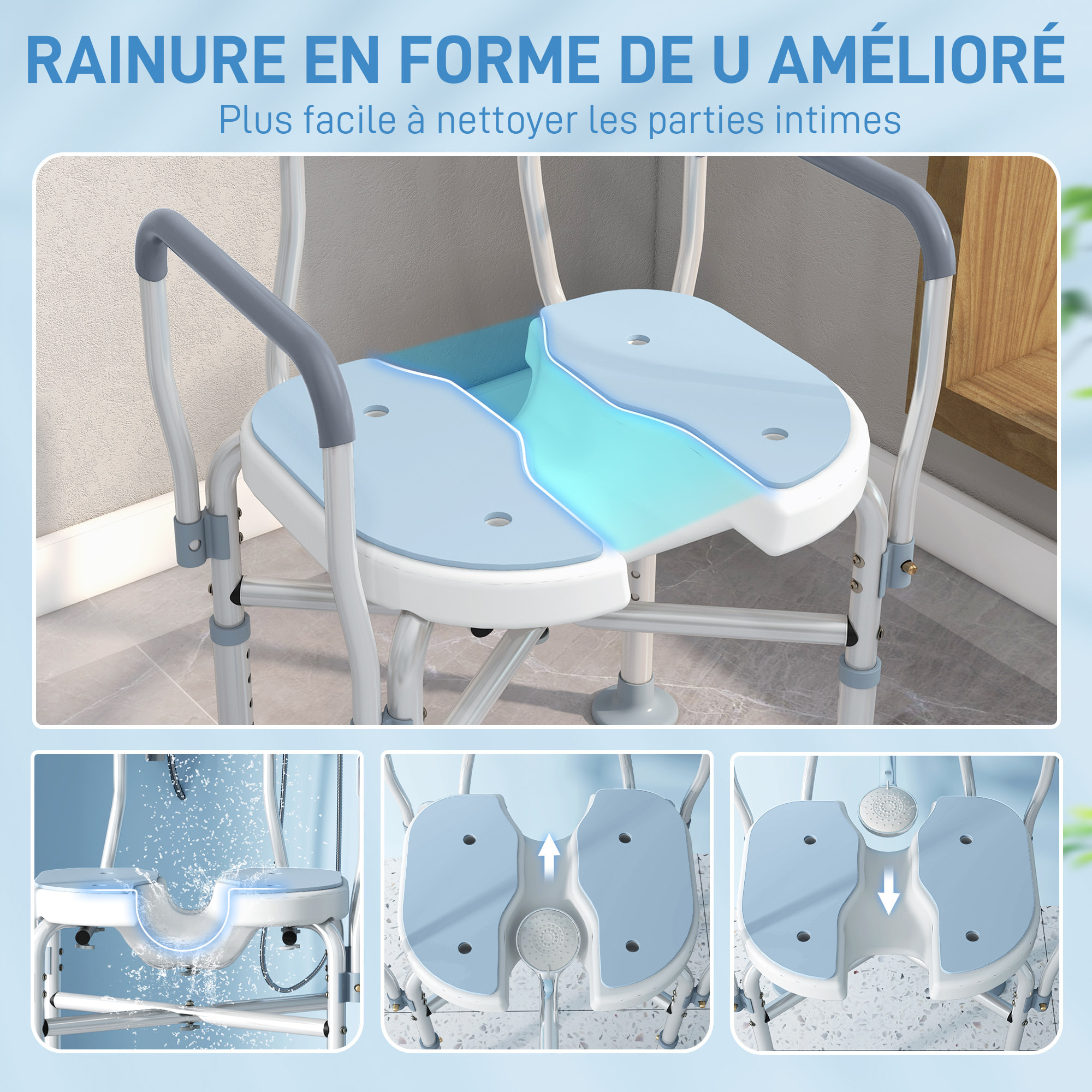 Tabouret de douche avec siège rembourrée et accoudoirs, chaise de douche, tabouret de bain, hauteur réglable 83-91,5 cm, cadre en aluminium et pieds antidérapants, bleu