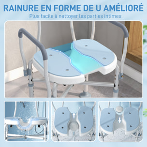 Tabouret de douche avec siège rembourrée et accoudoirs, chaise de douche, tabouret de bain, hauteur réglable 83-91,5 cm, cadre en aluminium et pieds antidérapants, bleu
