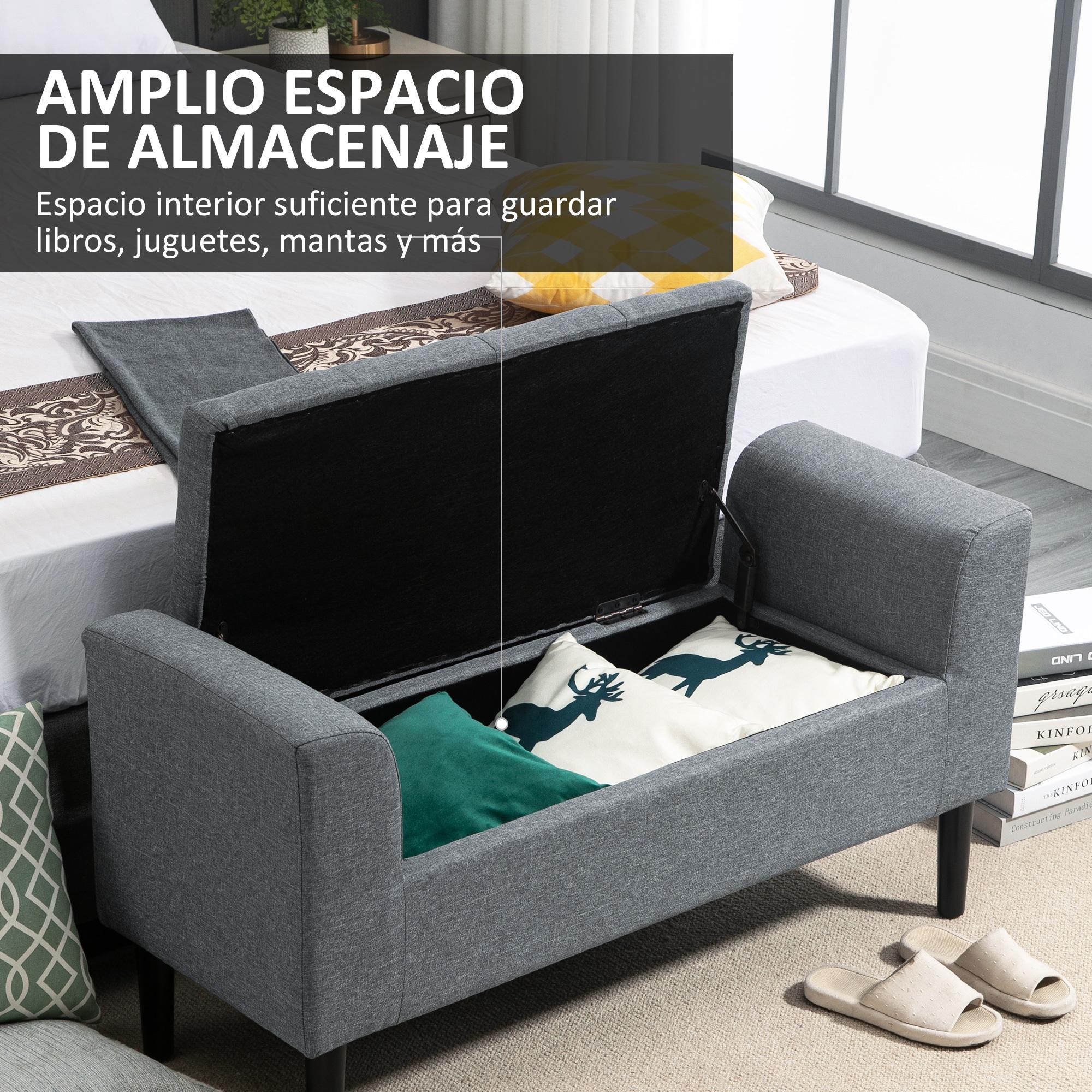 HOMCOM Banco Pie de Cama Acolchado con Espacio de Almacenaje Banqueta Multifuncional con Brazos Tapa Abatible y Patas de Madera para Dormitorio Salón 116x44x58 cm Gris