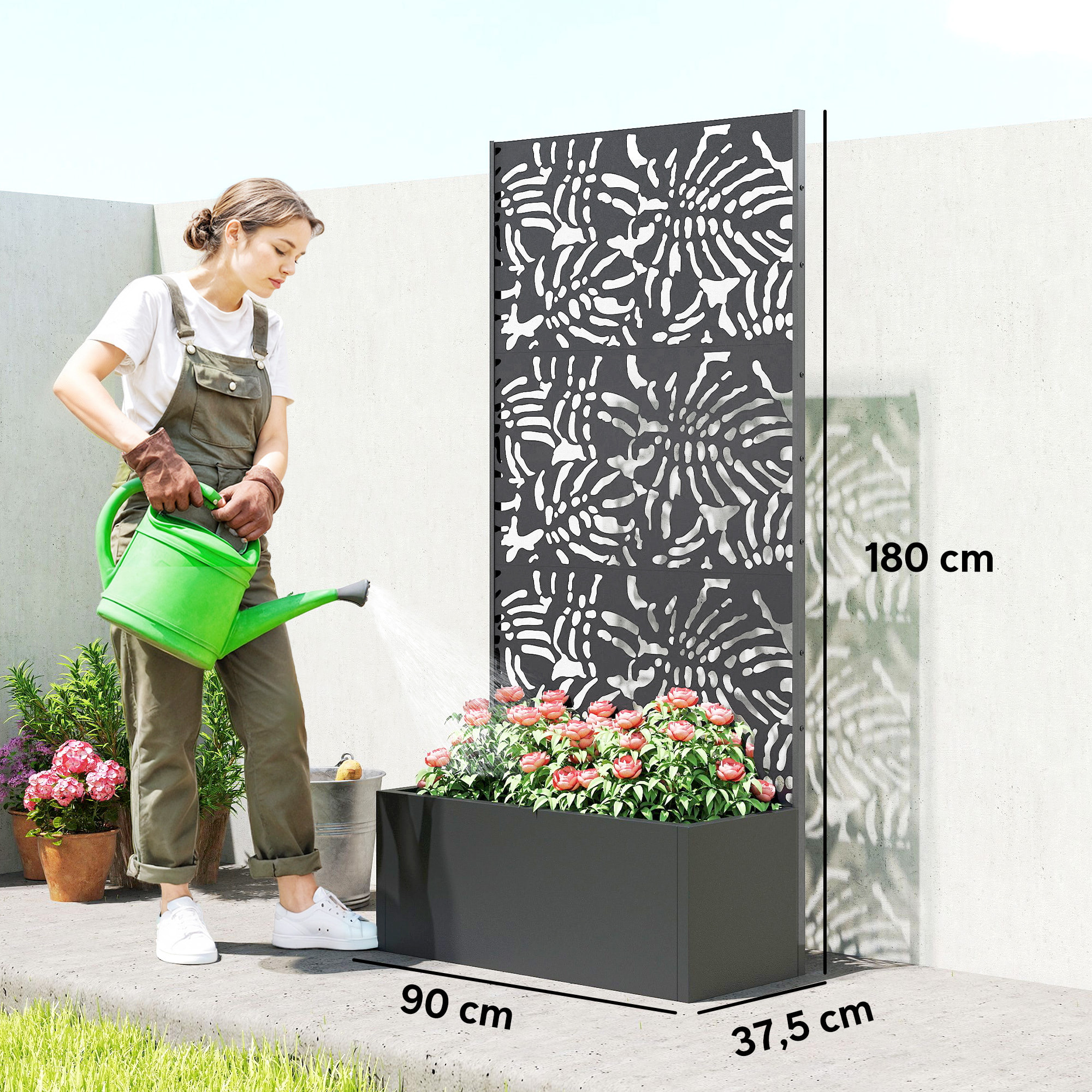 Jardinière treillis haut design graphique feuilles bananier 90 x 37 x 180 cm métal époxy noir