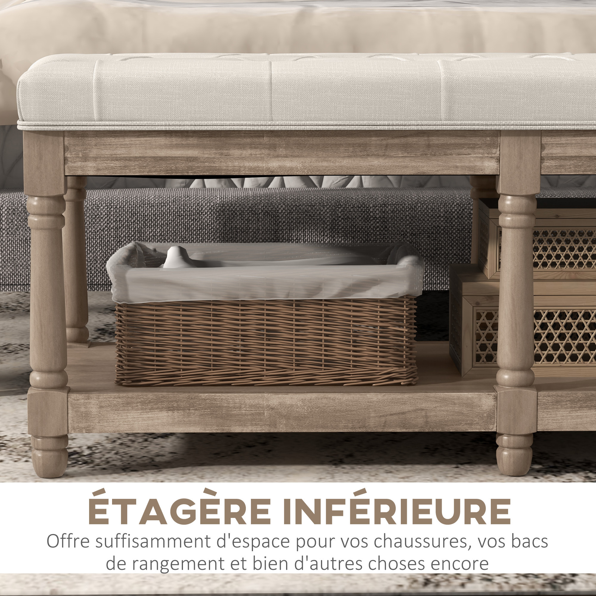 Banc à chaussures capitonnée style classique chic étagère bois sculpté tissu beige