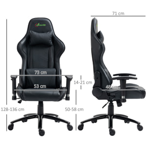 Vinsetto Silla Gaming Ergonómica Silla de Escritorio Giratoria Reclinable Altura Ajustable con reposabrazos 2D Regulable Reposacabezas y Cojín Lumbar Cuero Sintético 73x71x128-136 cm Negro