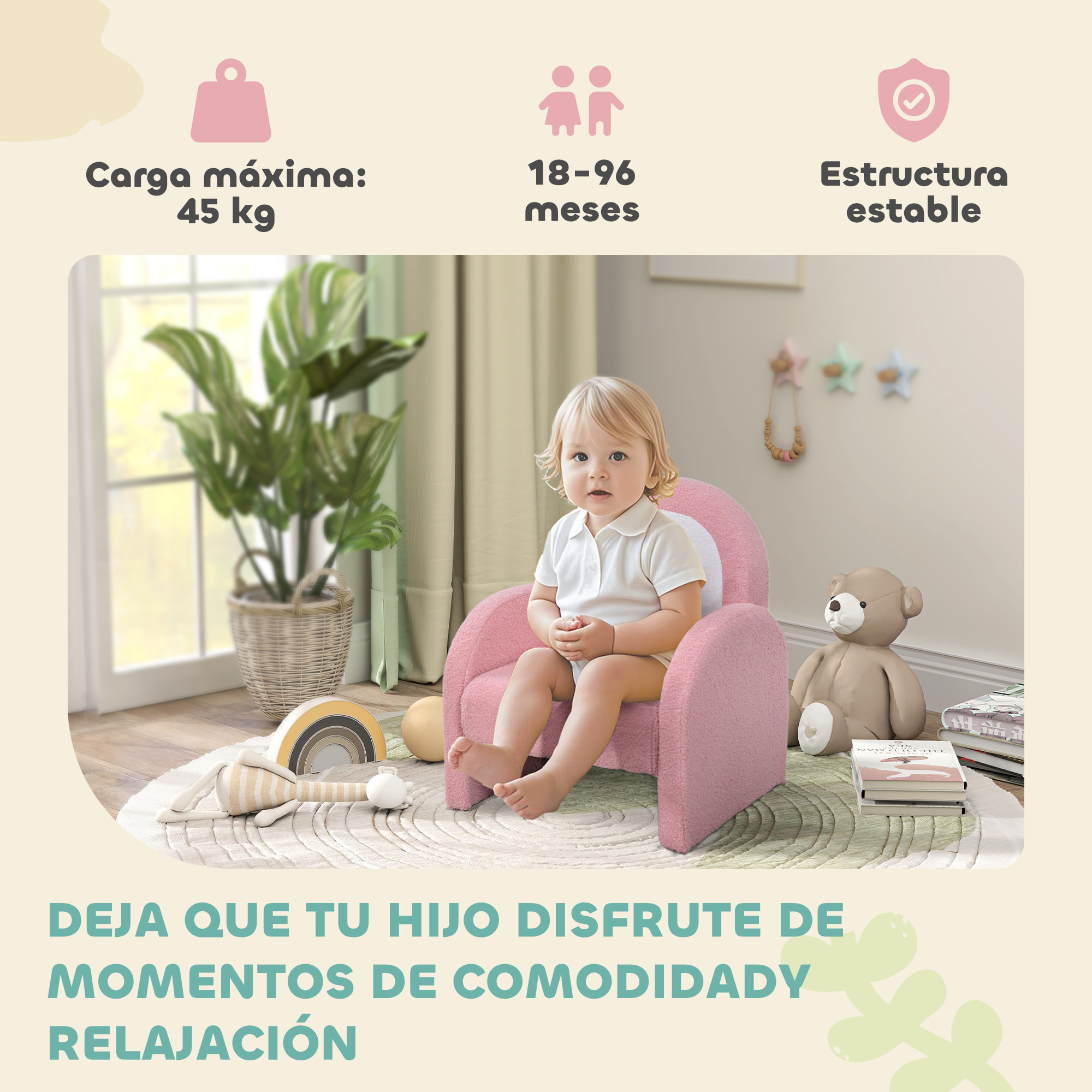 Sillón Infantil con Respaldo en Forma de Arcoíris Sofá para Niños de 18-96 Meses Tejido Suave de Borreguito Reposabrazos Carga 45 kg Rosa