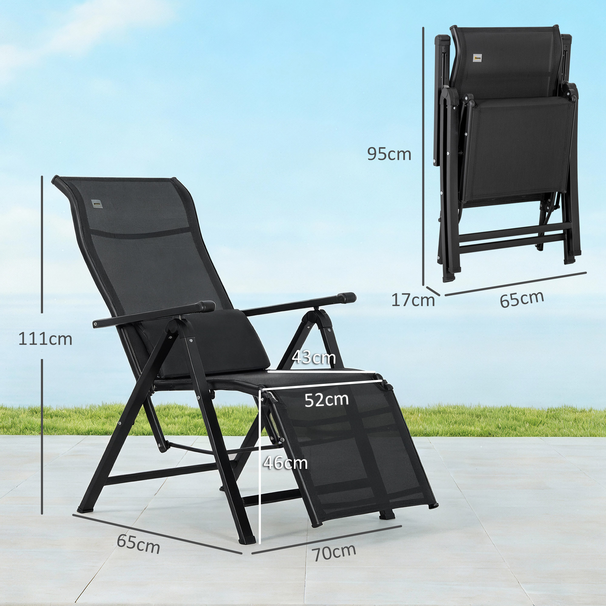 Tumbona Plegable de Jardín, Tumbona Gravedad Cero con Respaldo Ajustable en 9 Posiciones, con Cojín, para Terraza, Piscina, Playa, Carga 150 kg, 70x65x111 cm, Negro