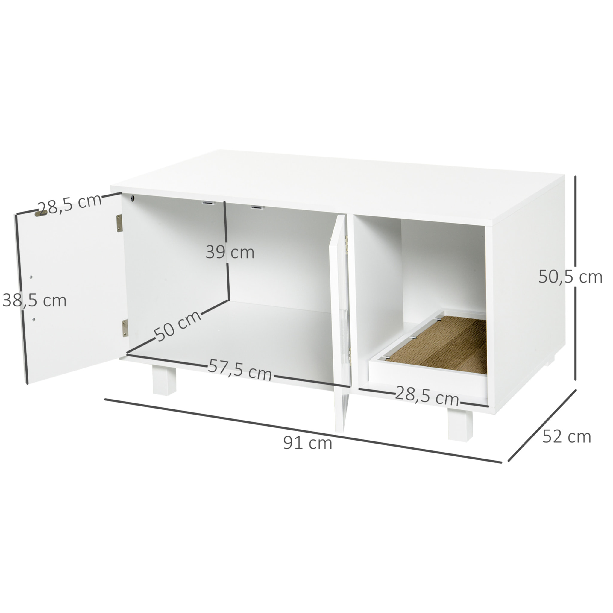 Arenero para Gatos Mueble Arenero para Gatos con Puerta Rascador para Gatos Caja de Arena para Gatos para Interior 91x52x50,5 cm Blanco