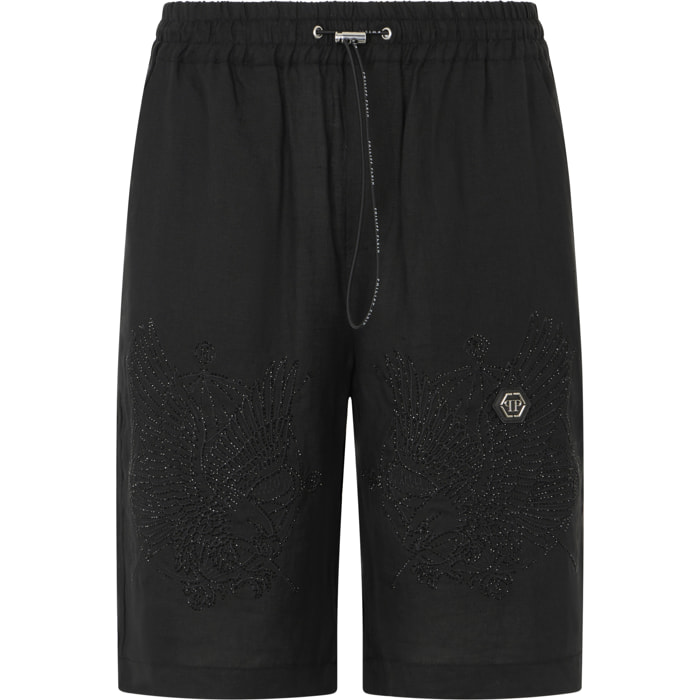 PHILIPP PLEIN Embroidered Linen Bowling Shorts Tattoo Strass