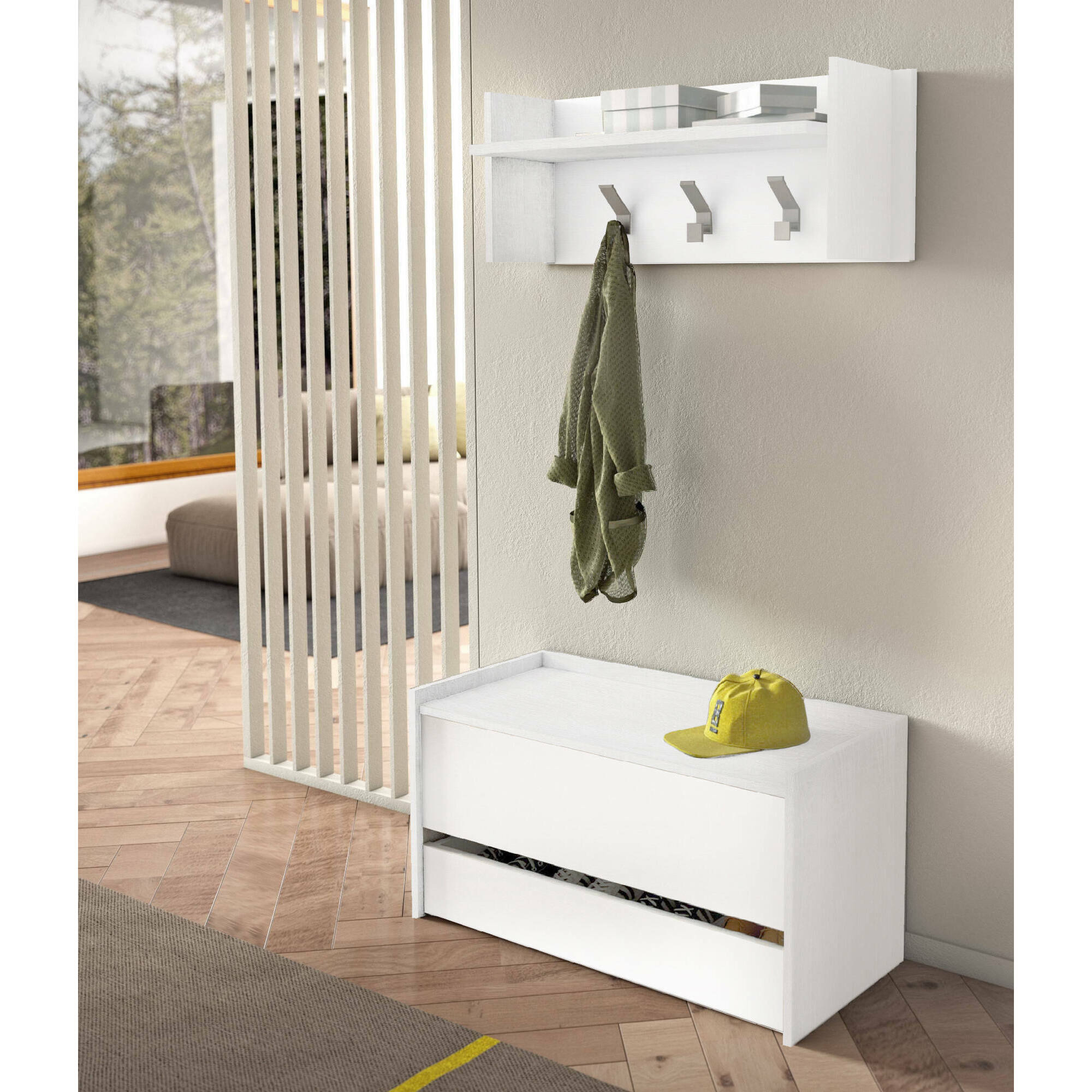 Cassapanca Sogno, Mobile da ingresso moderno con scarpiera, Cassapanca baule con due contenitori, 100% Made in Italy, 90x40h46 cm, Bianco