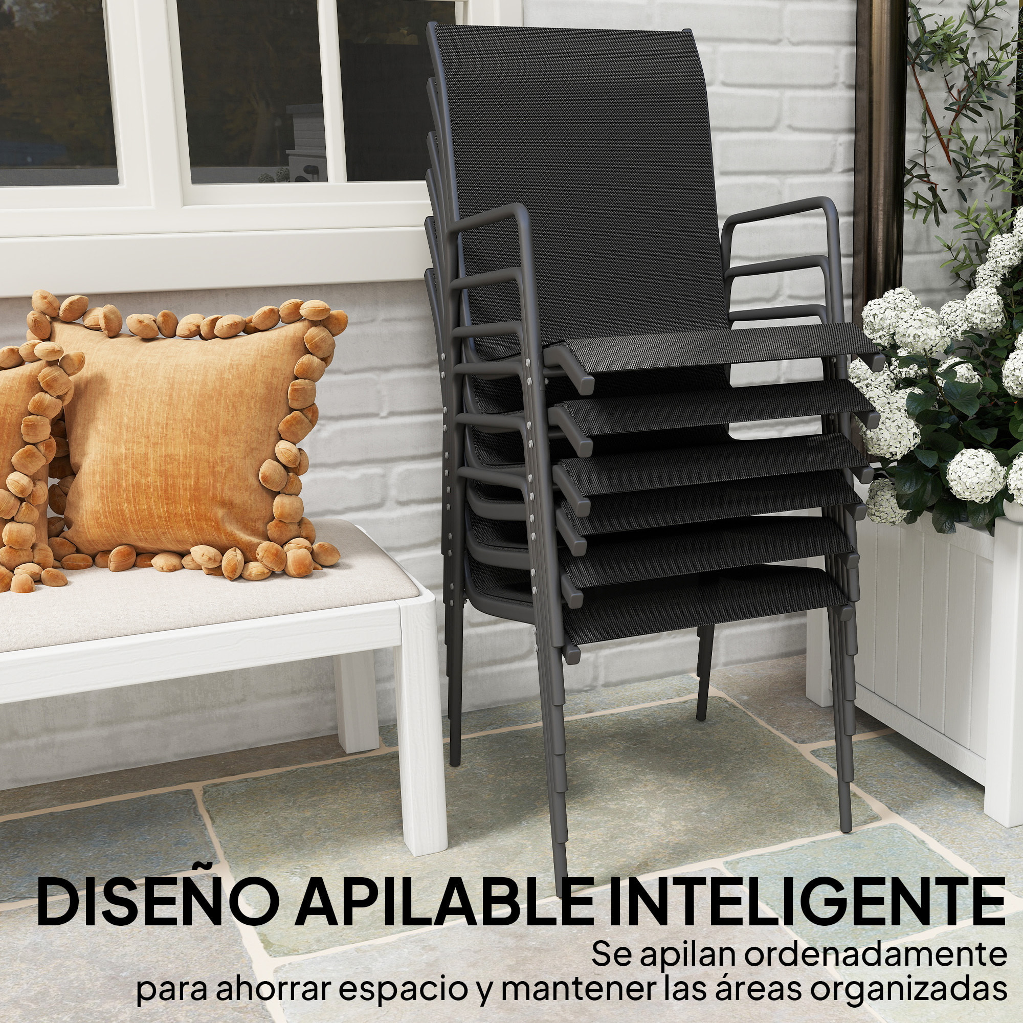Juego de 6 Sillas de Jardín Exterior Apilables, Sillas Terraza Exterior con Reposabrazos, Asiento y Respaldo de Malla Transpirable, Estructura Metálica Resistente, 51x69x87 cm, Negro