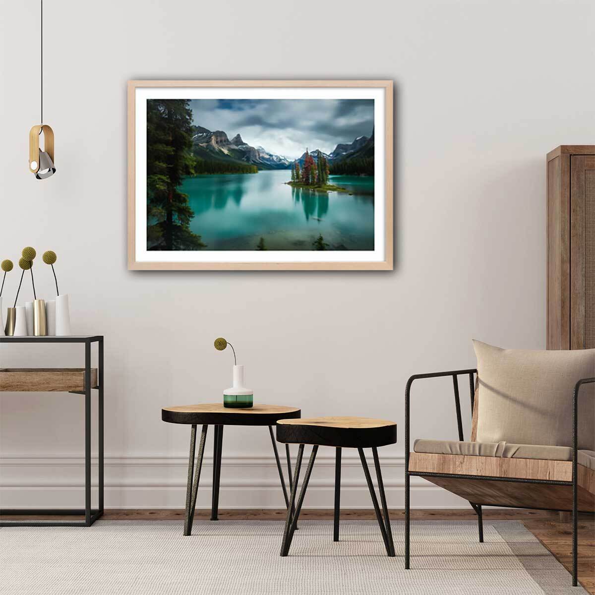 Affiche paysage du Canada, Lac de Banff Affiche + cadre en bois - Chêne