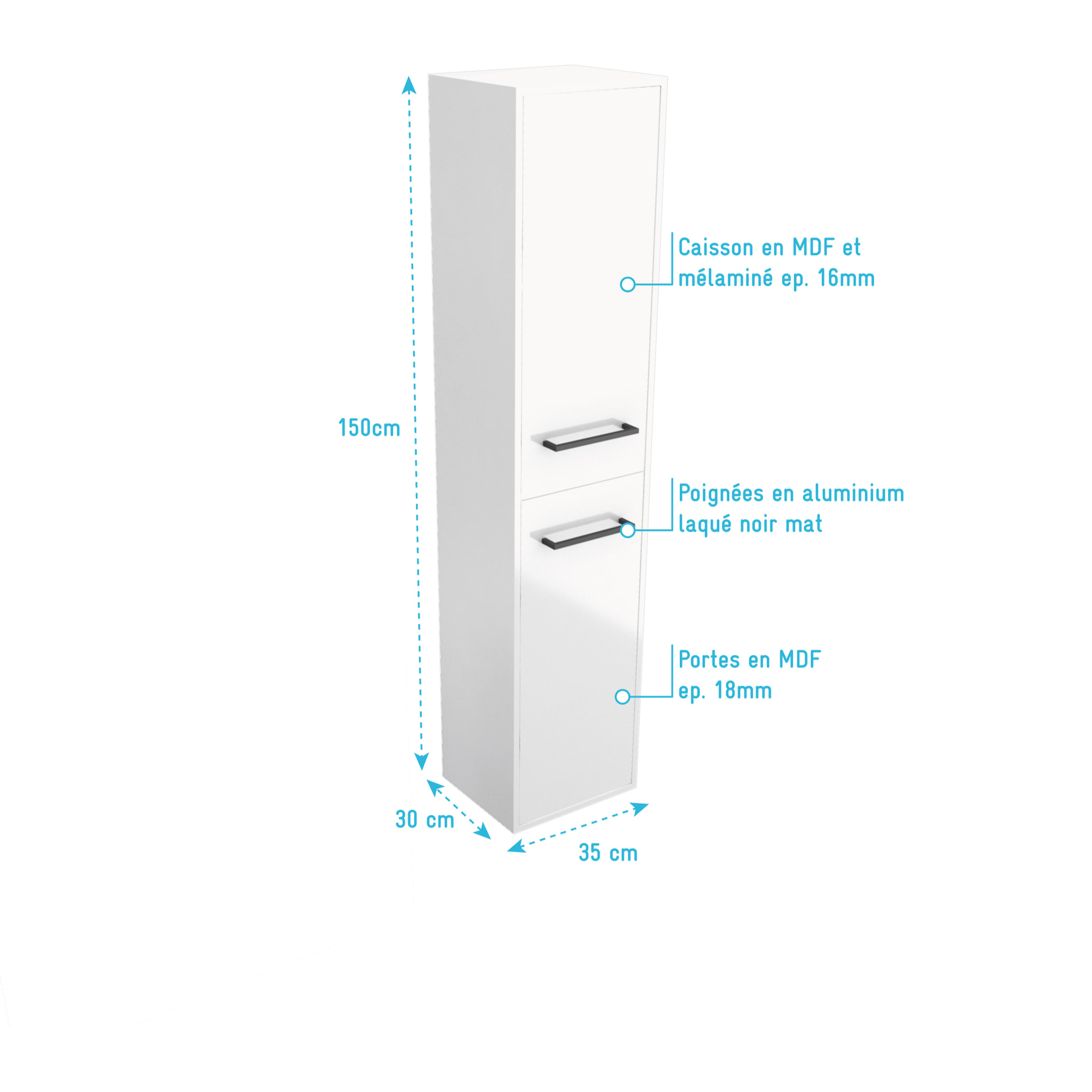 Colonne de salle de bain blanche 30x35x150 cm - 2 portes blanches poignees noir mat - STRUCTURA P015