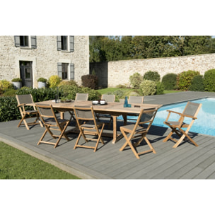 HARRIS - SALON DE JARDIN EN BOIS TECK 10/12 pers - 1 Table rect. extensible - 6 chaises et 2 fauteuils textilène couleur taupe