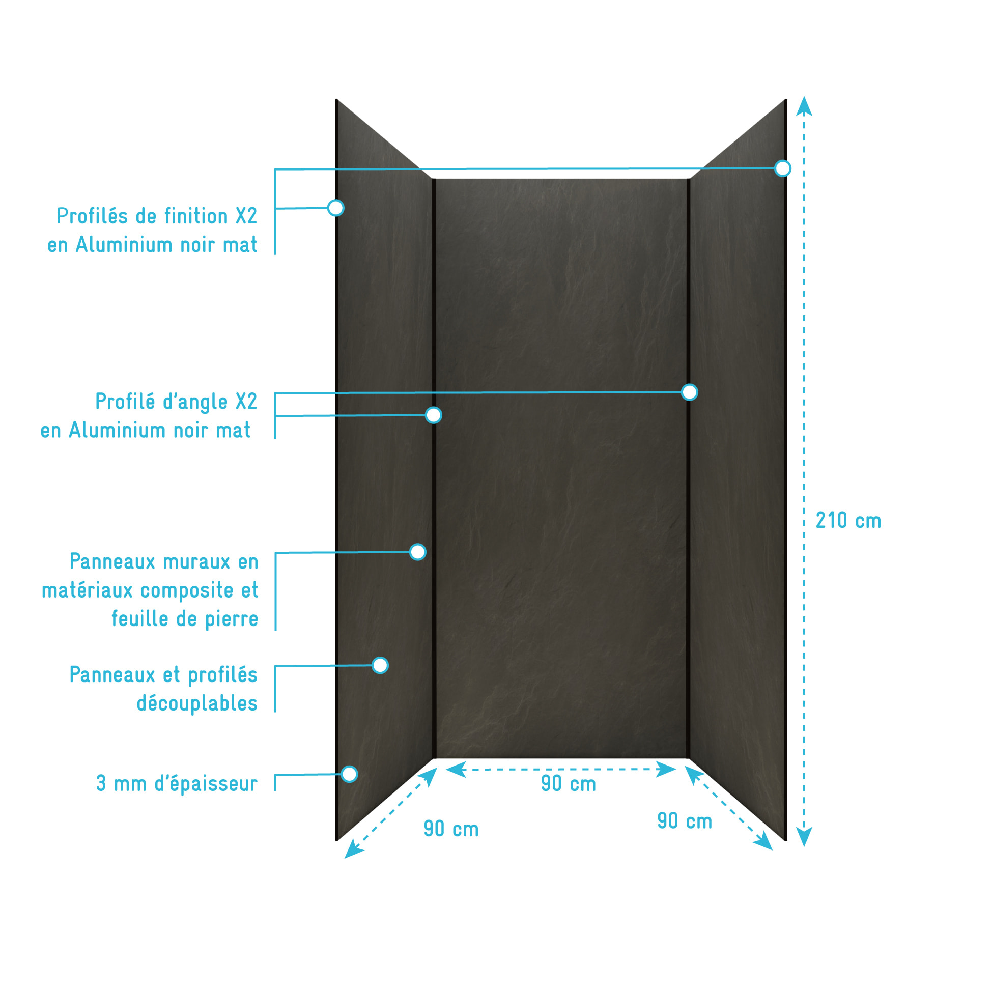 Pack 3 Panneaux Muraux Pierre Ardoise 90x210cm et Profilés Noirs - STONE'IT