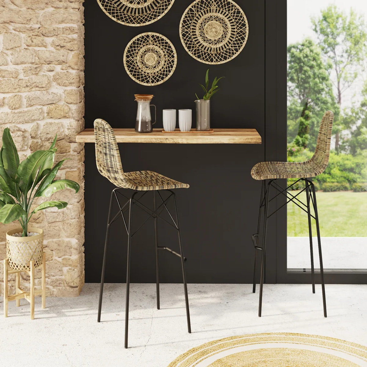 Lot de 2 chaises de bar de jardin 76 cm en résine tressée marron - Tiptur