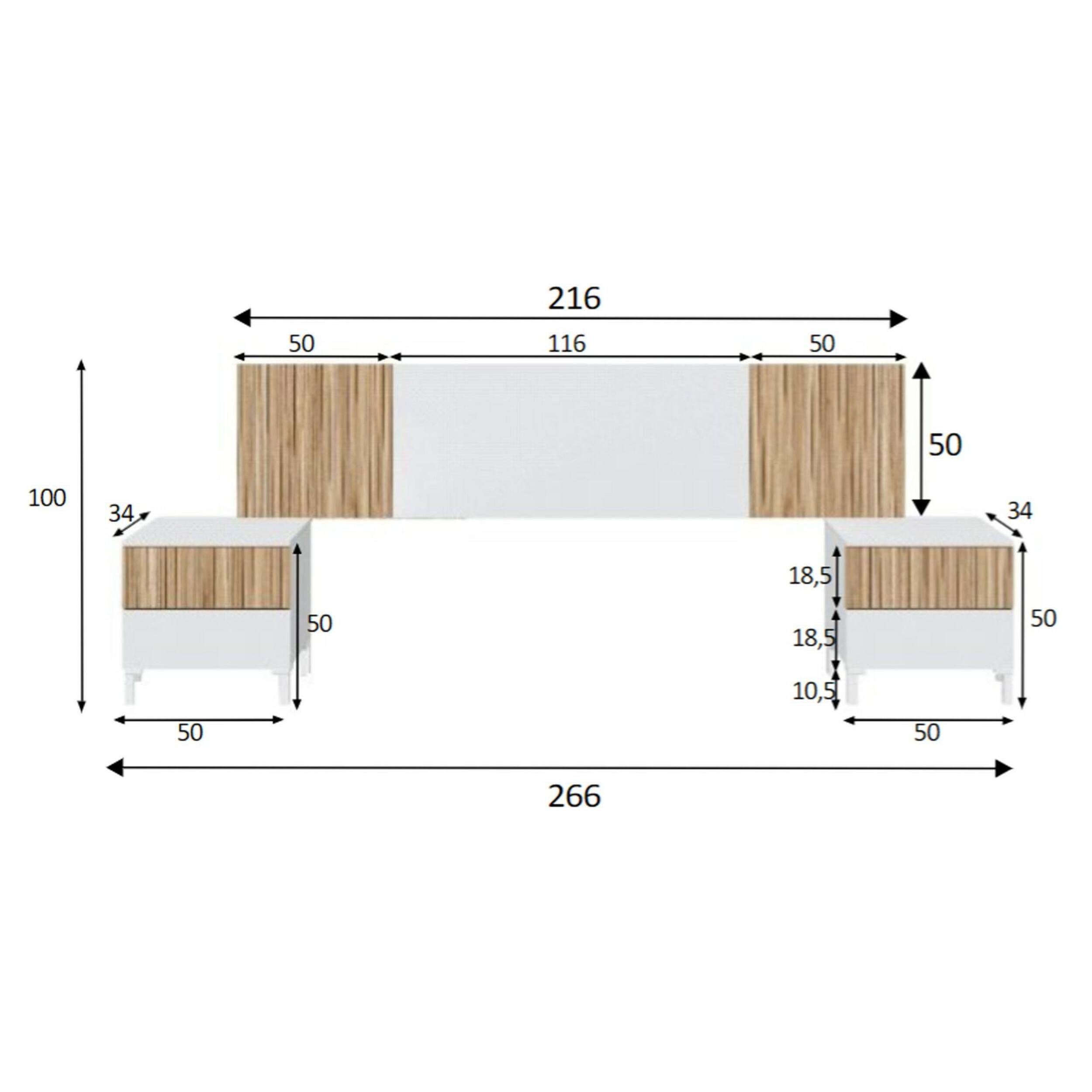 Testiera letto Unala, Spalliera, Testata per camera da letto, Poggiatesta, 216x3 h50 cm, Bianco e Rovere